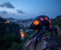 photograph, majestic, hip level shot of a Navy, White and Orange Alien Ammonite