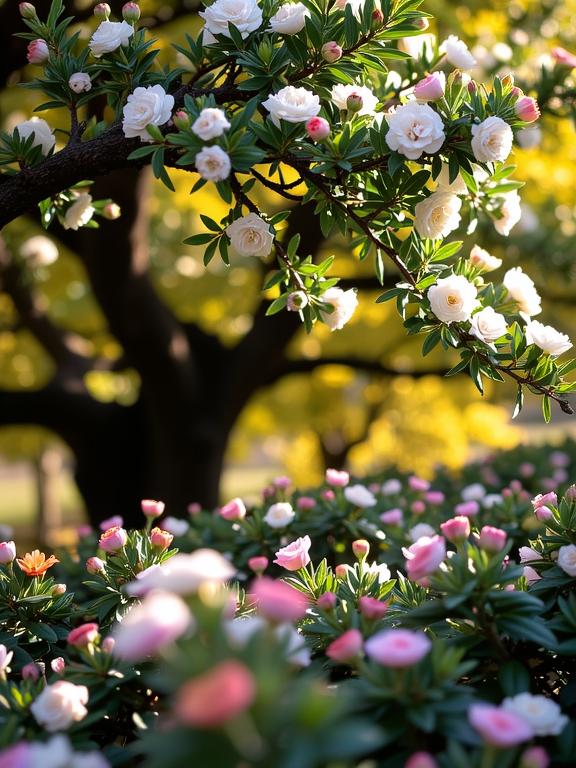 photograph, Chinoiserie flower field and foliage, best quality, wide angle of a Australian Yew