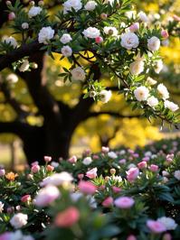 photograph, Chinoiserie flower field and foliage, best quality, wide angle of a Australian Yew