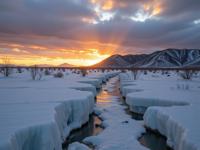 art by Mandy Disher and Taylor Wessing and Brandon Woelfel , photograph, concept art, landscape of a Symmetrical Dried Polar Ice and Decorated Neo Tokyo Rolling hills at sunset