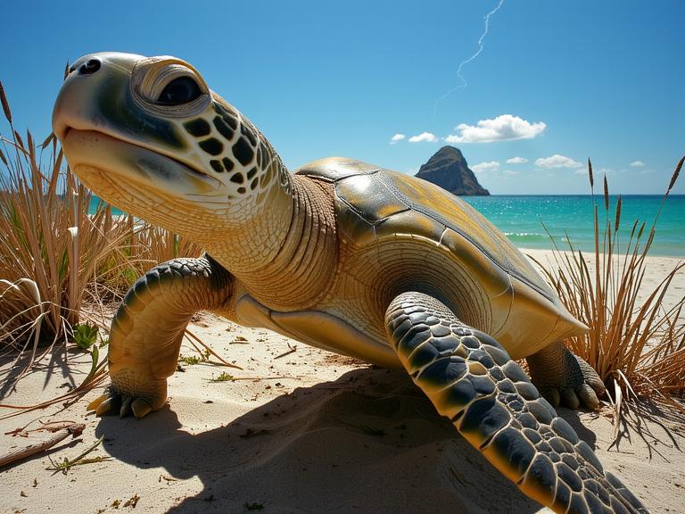 art by Hans Makart and J M W Turner and Lilia Alvarado , photograph, insane details, Sharp focus of a Serene Maximalist Green Sea Turtle