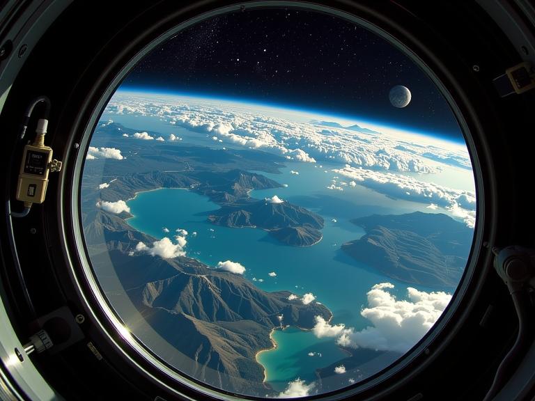 stylized by Marianna Rothen , photograph, behance, landscape of a Scenic Messy Seychelles from inside of a Space station orbiting a planet