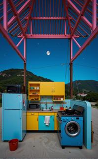 by Pierre Pellegrini and Tyler Shields and Aliza Razell , photograph, surreal, wide angle of a Marshallese kitchen
