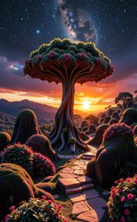 photograph, elegant, aerial shot of a Old Arcane dark pink The Labyrinth of Miracles , Indonesian vegetation and Andromeda constellation in background