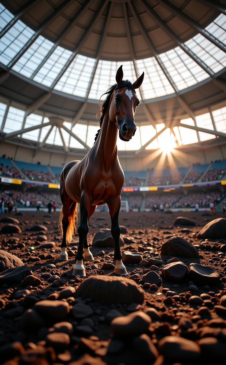 designed by Mario Testino , photograph, elegant, ground level shot of a Dilapidated Elastic Horse looking like a veal