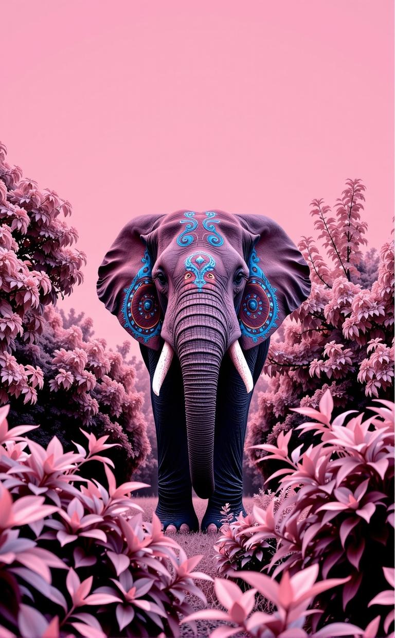 photograph, insane details, upper body shot of a Art Brut Conscious Elephant , plain Infrared background