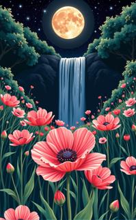 art by Bertil Nilsson , photograph, summer flower field with Waterfall, highly detailed