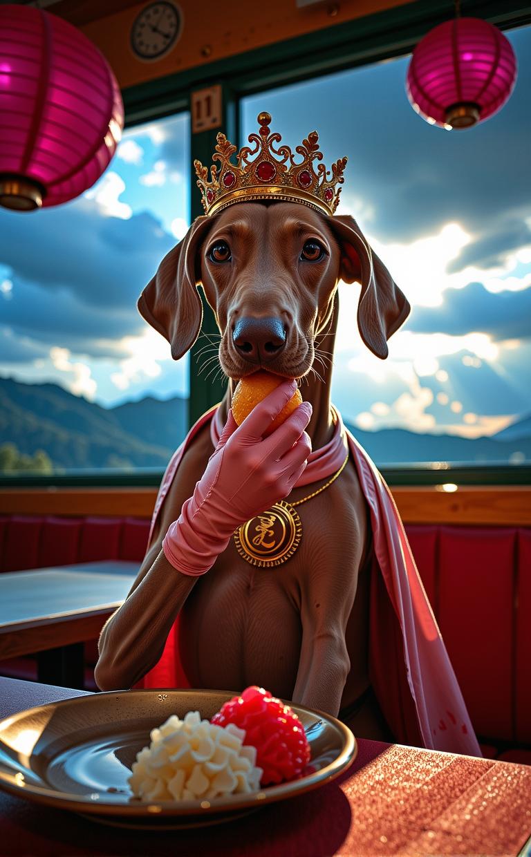 photograph, cozy, selfie shot angle of a Detestable Inviting athletic Regency pokemon style Weimaraner Puppy Fast Food Employee , it is eating gelatin