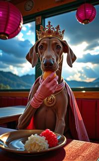 photograph, cozy, selfie shot angle of a Detestable Inviting athletic Regency pokemon style Weimaraner Puppy Fast Food Employee , it is eating gelatin