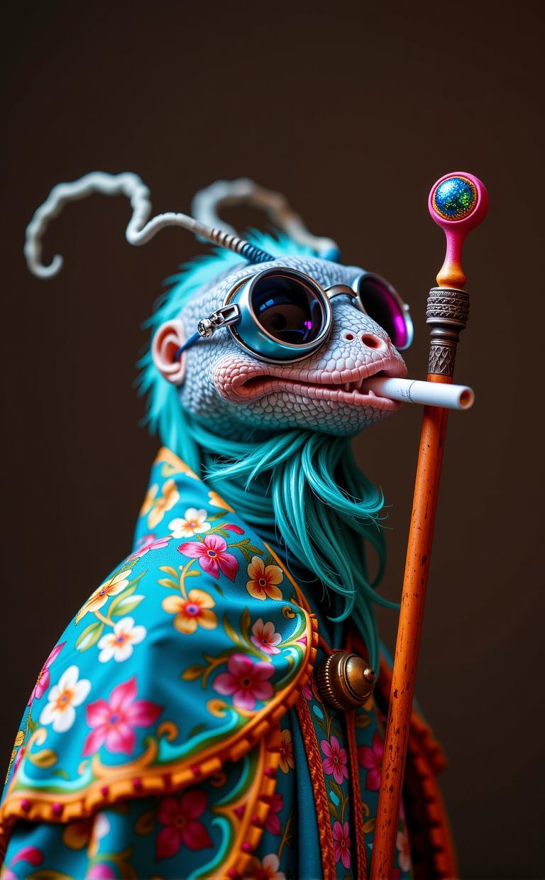 photograph, Joyful, profile of a Mean Twinkling White and Turquoise flyweight Salvadoran Walking Stick Muse, it is in a Futuristic setting