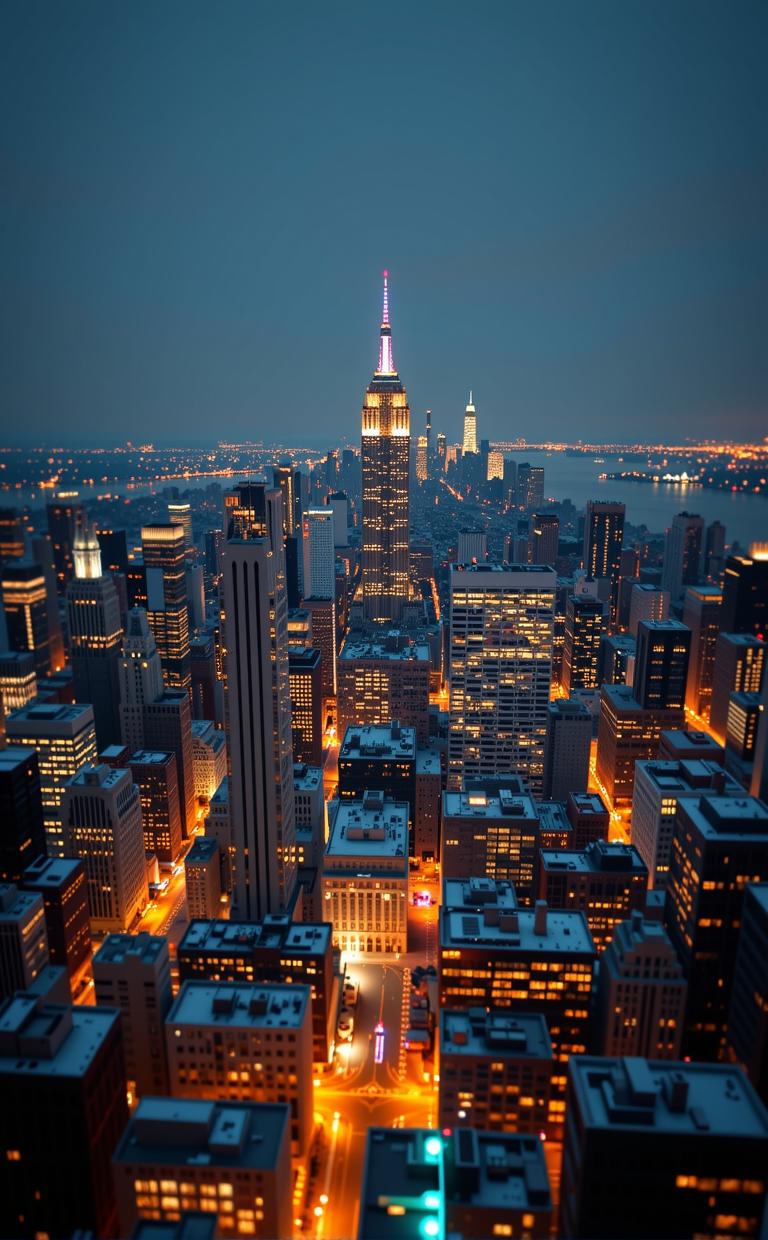 stylized by John Mckinstry , photograph, behance, landscape of a New York and Arrogant Urban City skyline at night