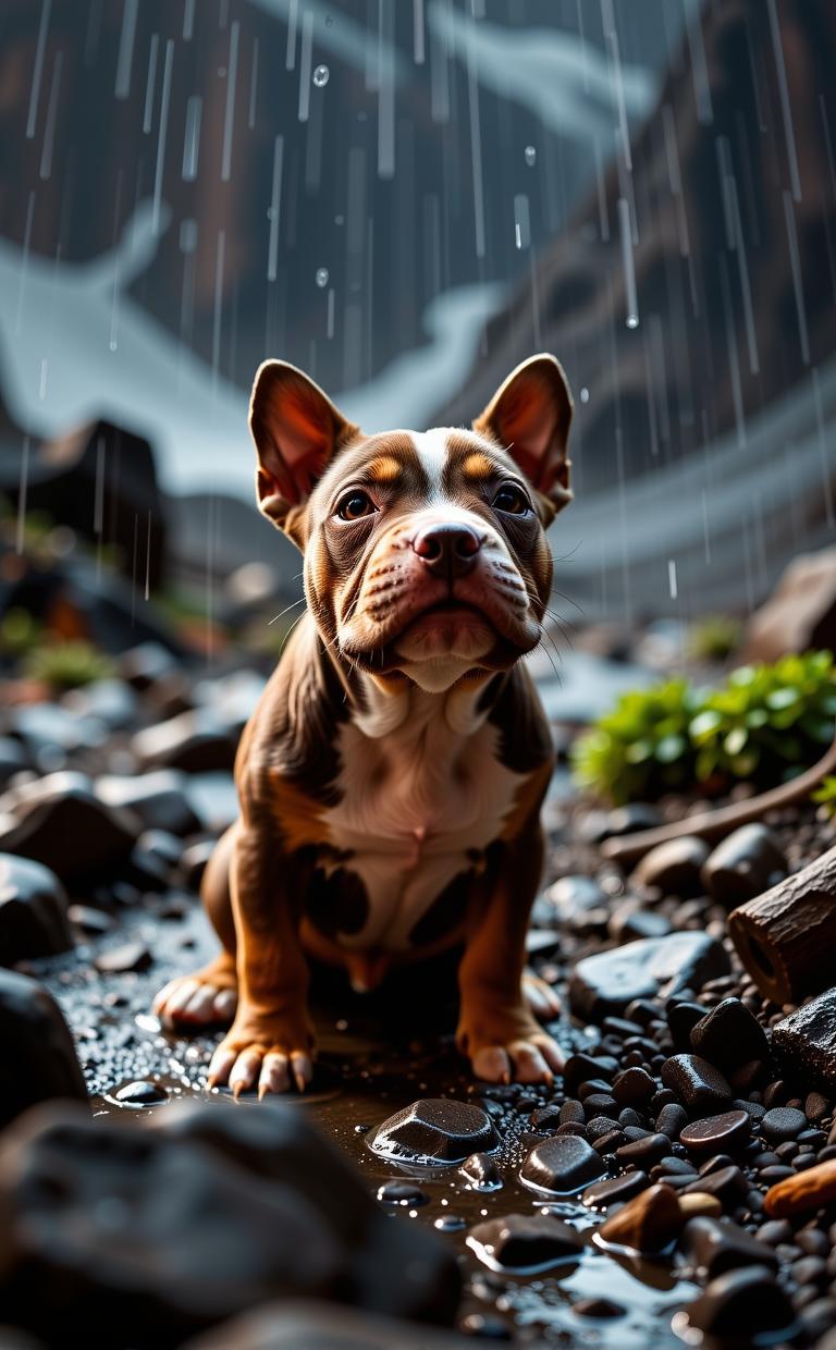 by David Plowden and Scarlett Hooft Graafland and Pierre Pellegrini , photograph, intricate background, establishing shot of a Shattered Emotionally Charged Staffordshire Bull Terrier Puppy
