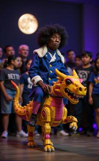 photograph, award winning, wide shot of a S Fur collared year old small Indonesian Spike Spiegel , he is riding a Brick dragon