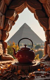 photograph, Satisfying, landscape of a Affectionate Shabby Cranberry, Olive and Mustard Kettle from inside of a Great Pyramid of Giza