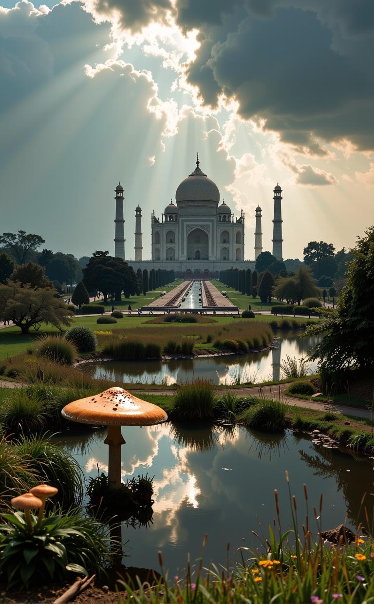stylized by Rene Burri , photograph, elegant, landscape of a Space Exploration Platform in the distance there is a Taj Mahal