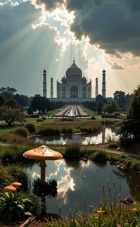 stylized by Rene Burri , photograph, elegant, landscape of a Space Exploration Platform in the distance there is a Taj Mahal