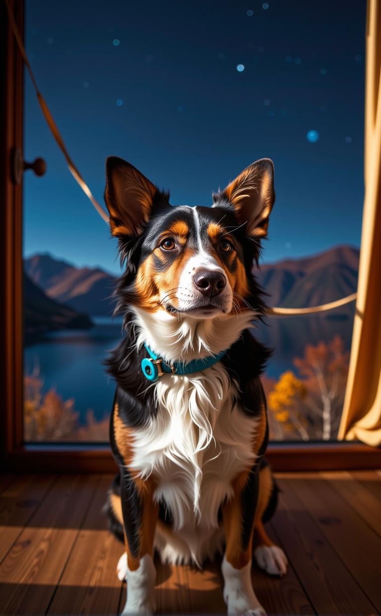 photograph, Golden ratio, close up shot of a Ordered Peplum Australian Shepherd , from inside of a Stale Lake House