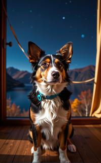 photograph, Golden ratio, close up shot of a Ordered Peplum Australian Shepherd , from inside of a Stale Lake House