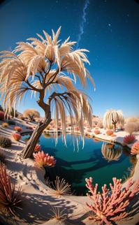 photograph, stylized, landscape of a Clockpunk Serious Steel Blue, Sand and Coral Bahrain and Exotic traditional Romanian Willow