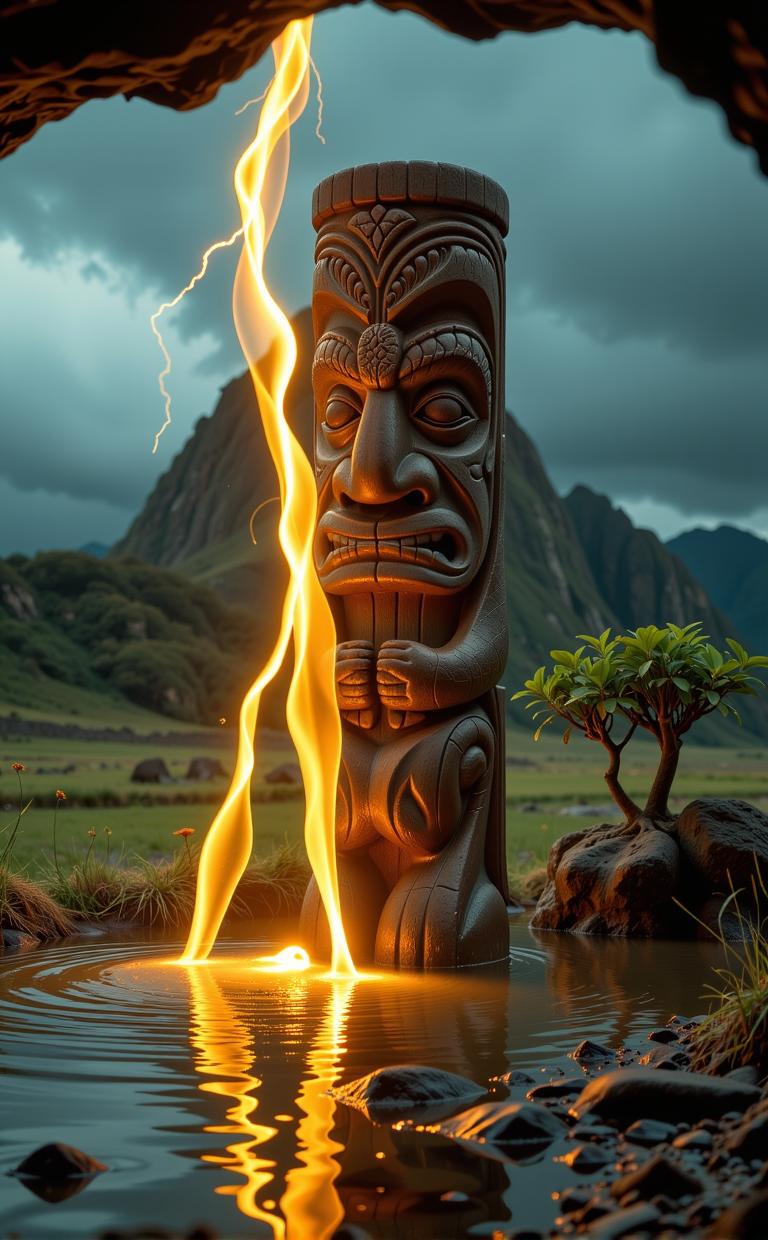 photograph, hyper detailed, electric indigo theme , body shot of a Satin Tiki The Savage Curtain
