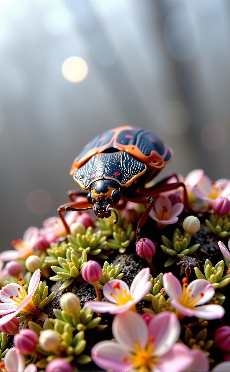 photograph, insane details, zoomed out of a Rollerwave Cloudy Stink Bug , blossoms and Lichen background