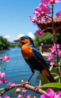 by Zhang Jingna and Andreas Levers , photograph, award winning, wide shot of a Denim Blue and Tangerine Common Goldeneye