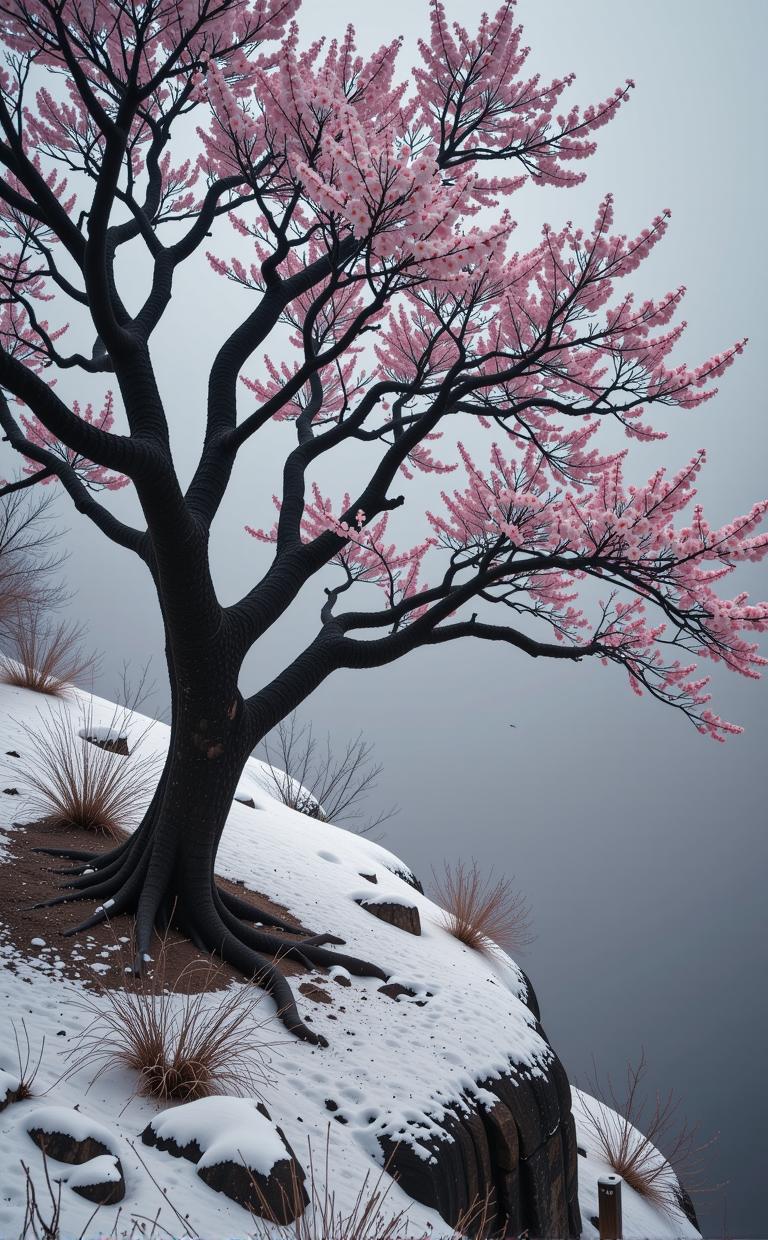 photograph, Gray nature with Cherry blossom tree, highly detailed, Aerial View of a Stand by me