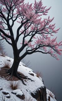 photograph, Gray nature with Cherry blossom tree, highly detailed, Aerial View of a Stand by me