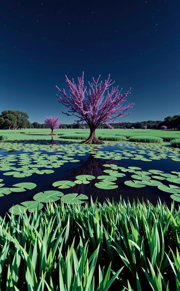 stylized by Lillian Bassman and Fritz Henle and Aliza Razell , photograph, fairy tale, landscape of a Alternative Art Unmotivated deep purple Mangrove from inside of a Ouagadougou