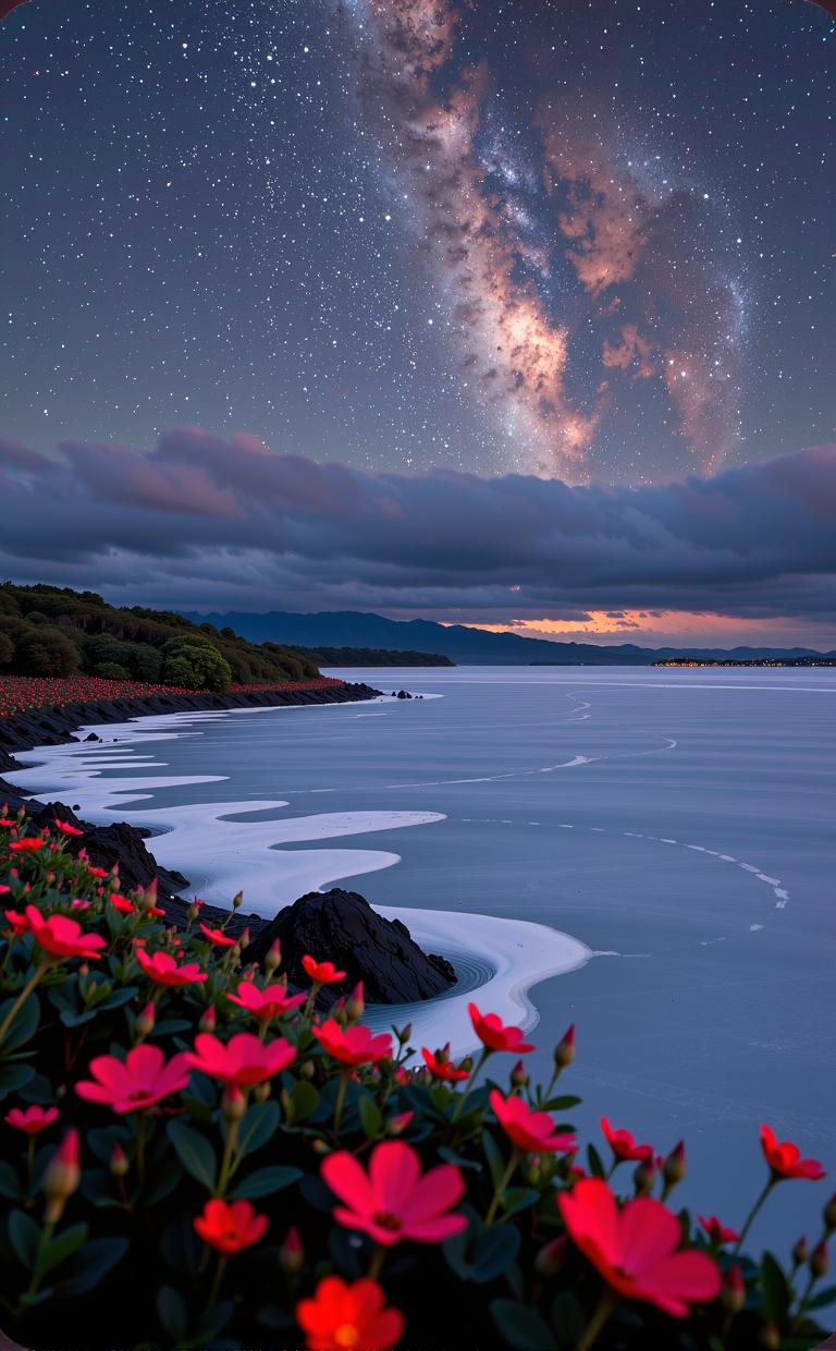 photograph, elegant, landscape of a Visual Maniacal Belize in the distance there is a Frozen pond, dense flowers and Lyra constellation in background