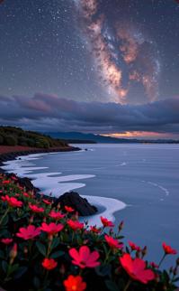 photograph, elegant, landscape of a Visual Maniacal Belize in the distance there is a Frozen pond, dense flowers and Lyra constellation in background