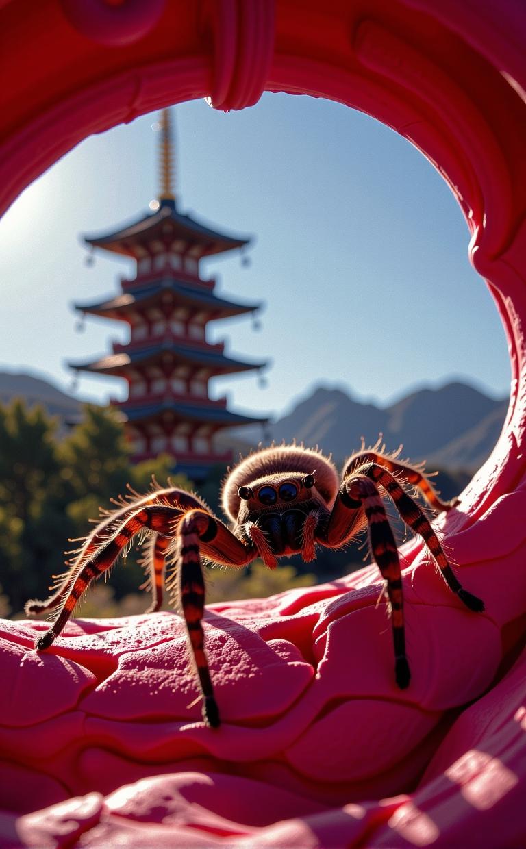 photograph, fluorescent pink theme , soft focus of a Peacock Spider , it is very Westernpunk and Hardy
