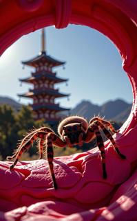 photograph, fluorescent pink theme , soft focus of a Peacock Spider , it is very Westernpunk and Hardy