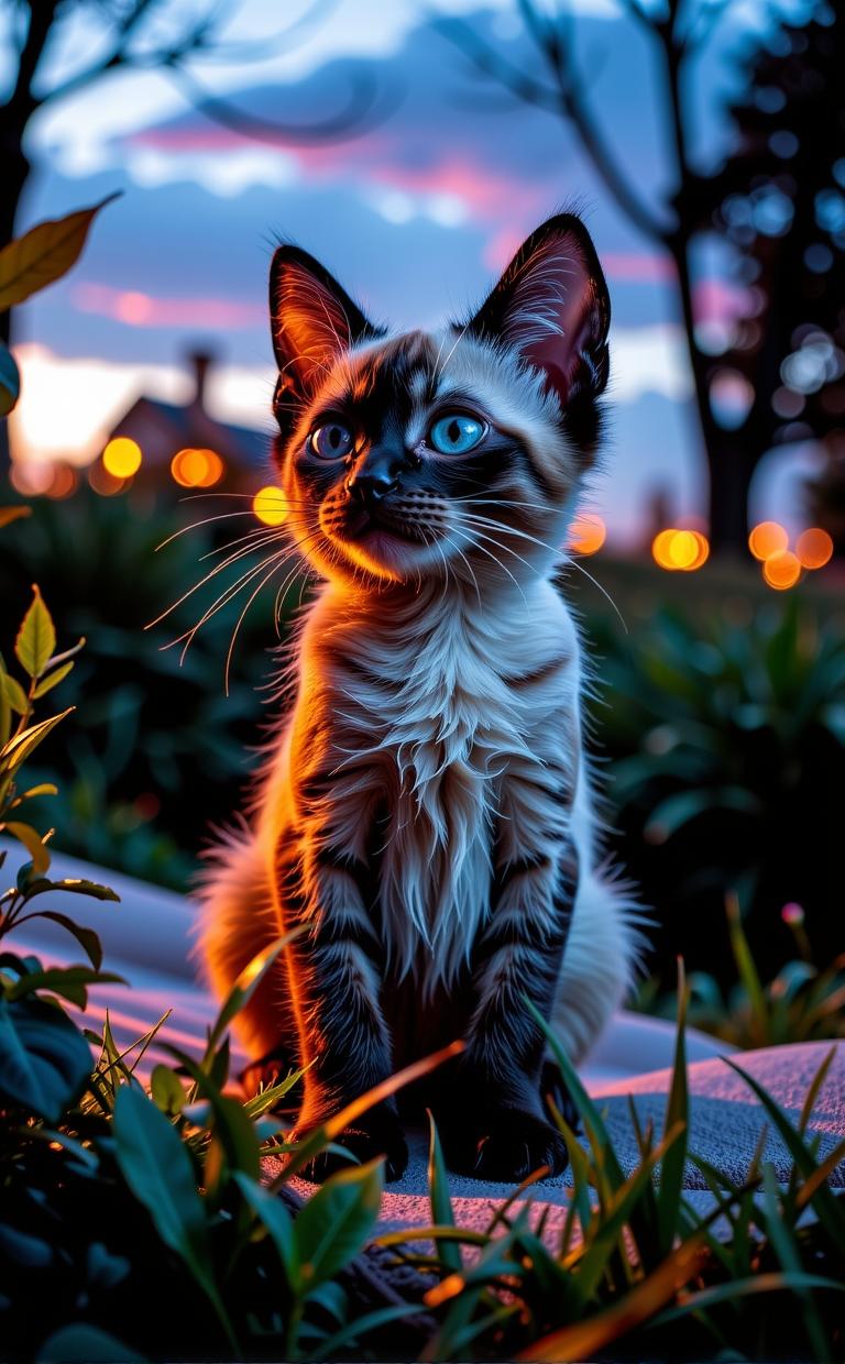 photograph, Cyber Noir, behance, professionally shot of a Dreadful Supersized Siamese Kitten with Contemplative parts