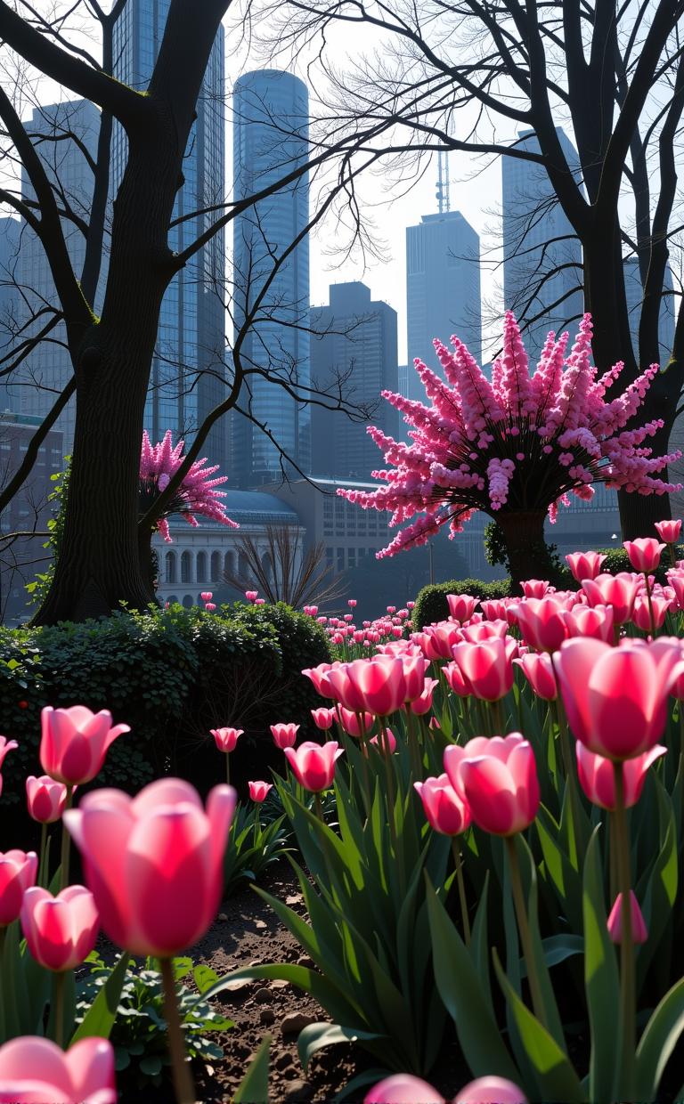 stylized by Zena Holloway and Elke Vogelsang , photograph, stylized, landscape of a Aging Distorted fluorescent pink Queen s Gardens in the distance there is a Tulip garden