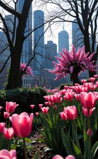 stylized by Zena Holloway and Elke Vogelsang , photograph, stylized, landscape of a Aging Distorted fluorescent pink Queen s Gardens in the distance there is a Tulip garden