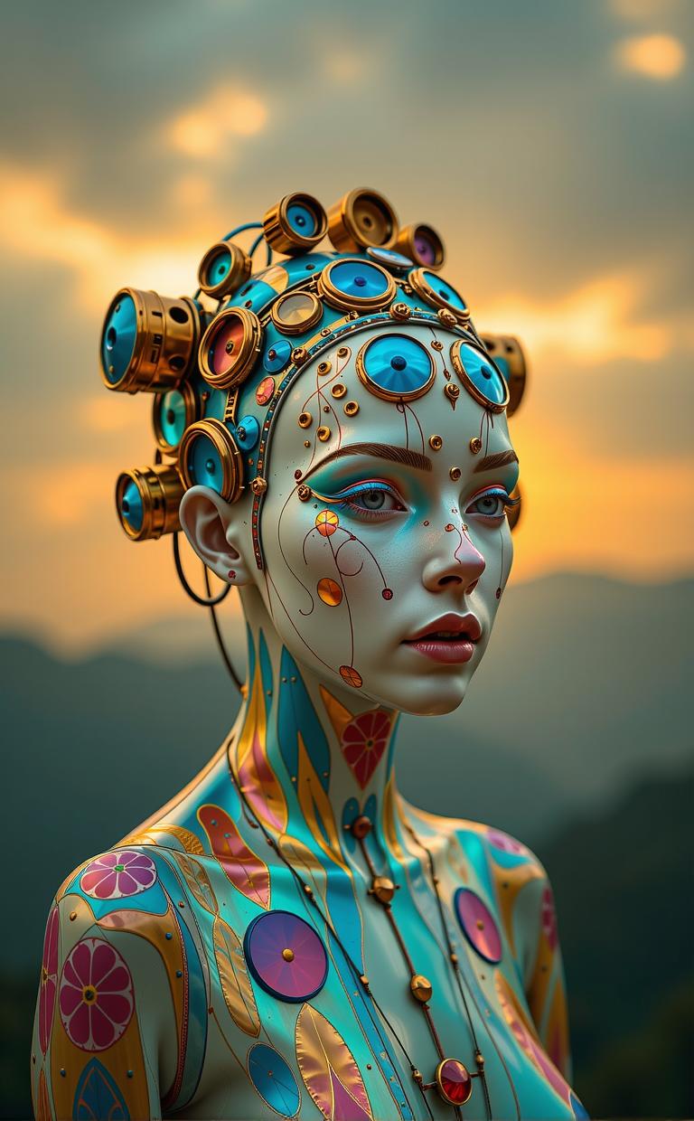 art by Miss Aniela and John Batho and Gabriele Viertel and Antonio Mancini , photograph, majestic, Sharp focus of a Fluxus Art Mecha Through the lens of acceptance