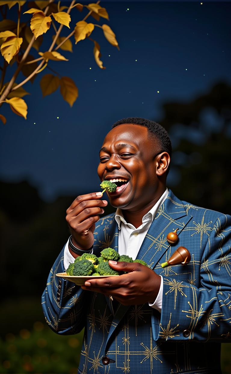 photograph, concept art, High exposure of a Formal Supernaturalist chubby Ugandan Envoy Man , he is eating broccoli sprouts