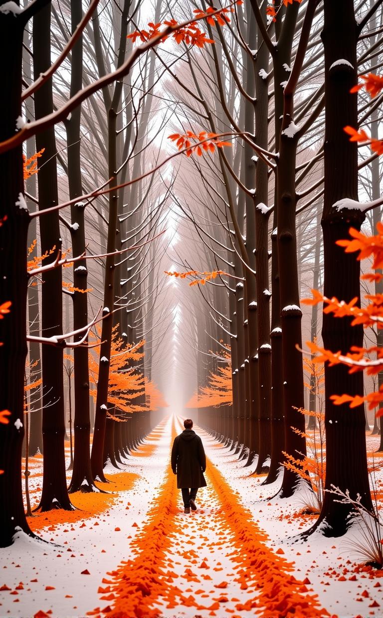 art by Tyler Shields and Hans Makart and Peter Basch and Joachim Brohm , photograph, intricate background, landscape of a Mosaic Like S DayGlo orange Lyon from inside of a Ancient cedar forest