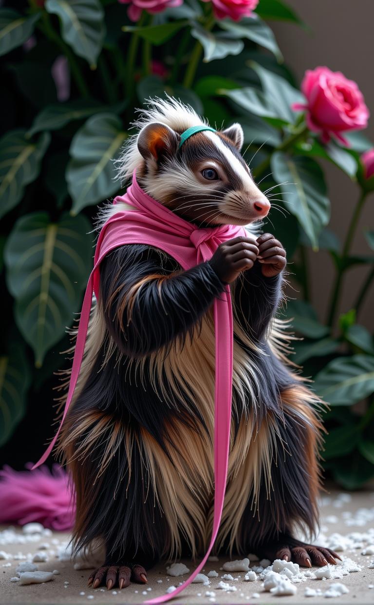 photograph, poetic compositions, view of a Pulsating Contemporary very tall, long legs Bohemian Skunk