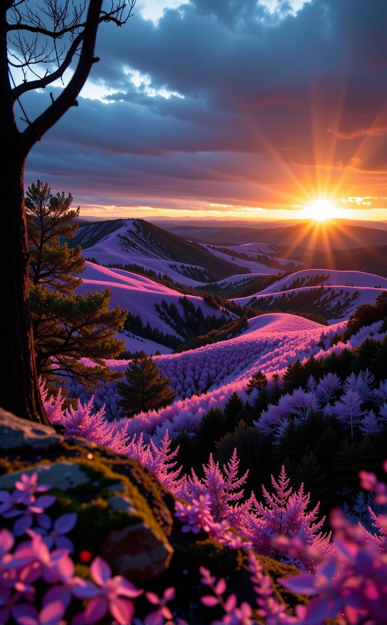 photograph, highly detailed, landscape of a Hydrothermal Vent Field from inside of a Rolling hills at sunset, it is very Stimulating and Unpredictable