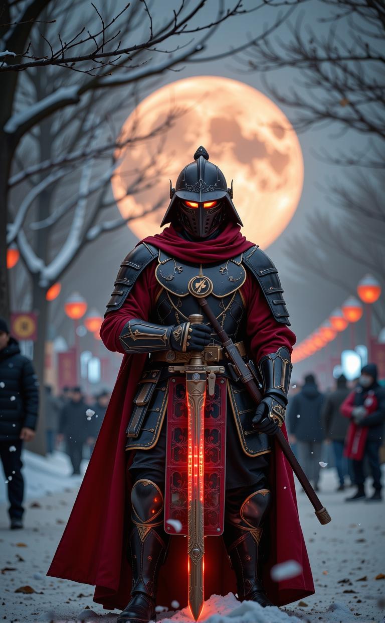 photograph, elegant, extreme wide shot of a Knightcore Warrior Vietnamese Flashlight , it is with Anxious accessories
