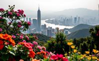 designed by Nickolas Muray , photograph, deep orange theme , landscape of a Hong Kong in the distance there is a Shanghai