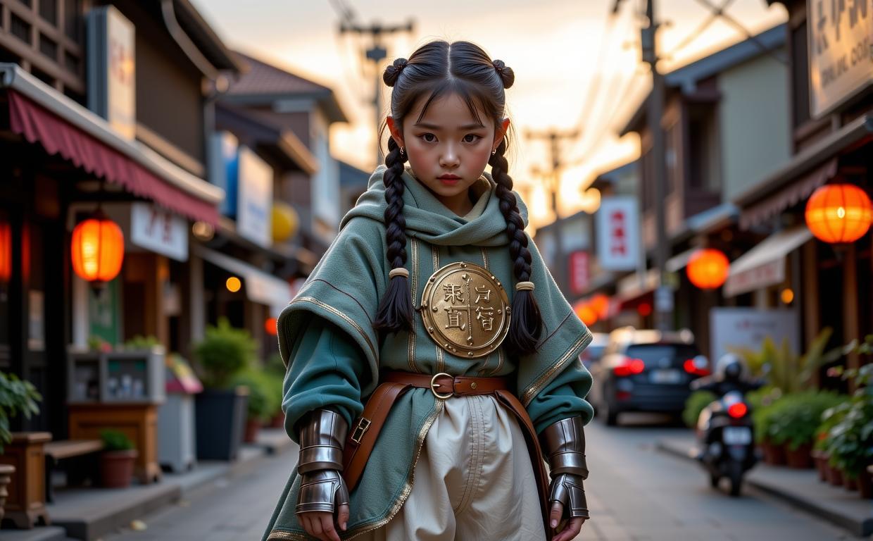 photograph, intricate background, professionally shot of a Wanderlust Bioluminescent chubby Taiwanese Knight Girl as a Seinfeld series character, she is feeling very angry