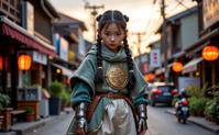 photograph, intricate background, professionally shot of a Wanderlust Bioluminescent chubby Taiwanese Knight Girl as a Seinfeld series character, she is feeling very angry