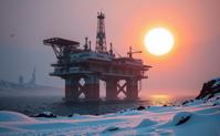 by Bert Stern and Martin Parr , photograph, concept art, shot from behind of a Glamorous Complementary Brazilian Offshore oil platform