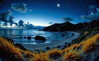 photograph, masterpiece, landscape of a Noxious Resplendent Obsidian Shores of the Shadowy Beaches from inside of a Guam, Yellow reeds and space