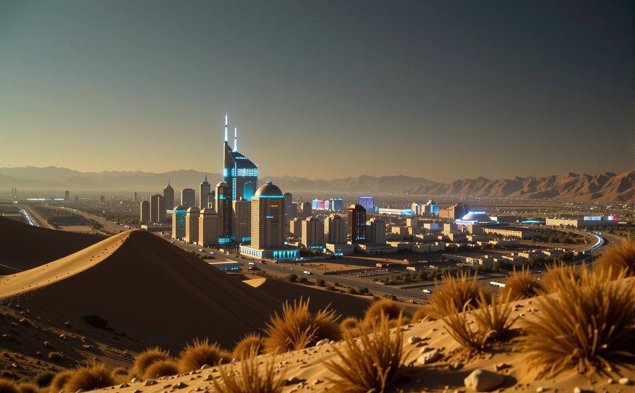 by Kurt Hutton and Elsa Bleda , photograph, majestic, landscape of a Dune and Luminous Iranian Cyberpunk metropolis