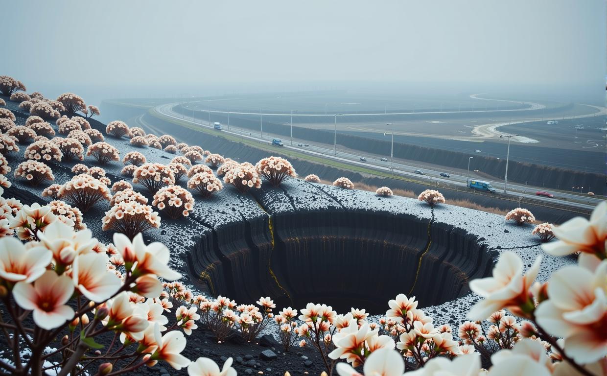by Burt Glinn , photograph, crowded blossoms and lava pit, intricate details
