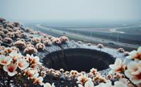 by Burt Glinn , photograph, crowded blossoms and lava pit, intricate details